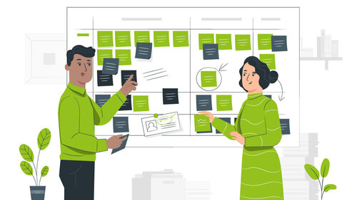 Zwei Menschen befüllen ein Project Model Canvas.