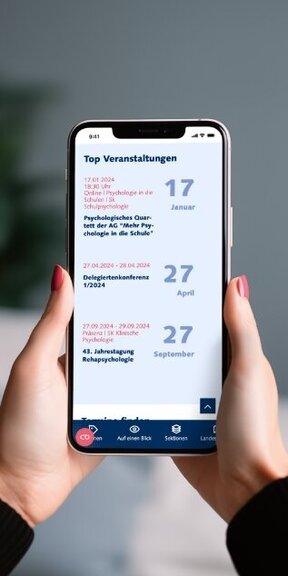 Zwei Hände halten ein iPhone auf dem die mobile Webseite des Bundesverbands für Psychologinnen und Psychologen dargestellt wird