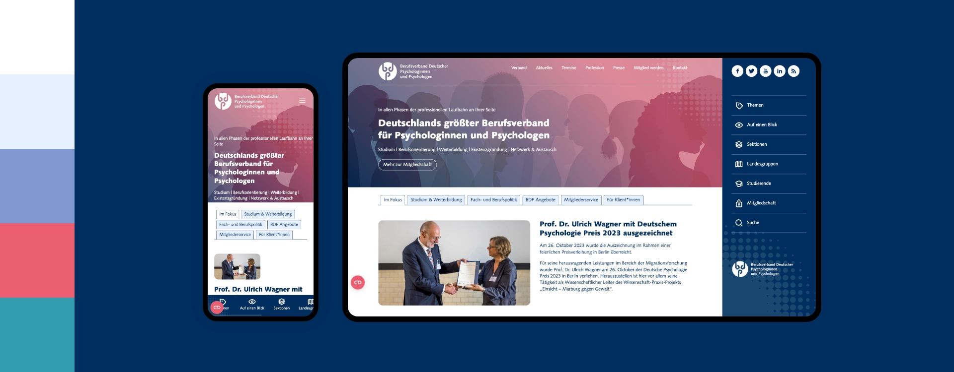 Screenshot einer Desktop- und Smartphoneansicht der Webseite des Bundesverband deutscher Psychologinnen und Psychologen umgeben von den Farben des Corporate Design