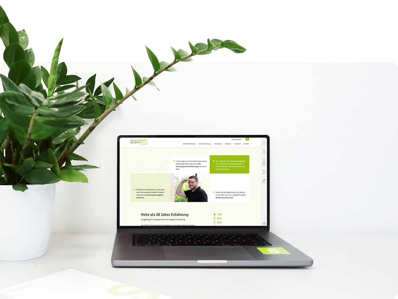 Pflanze neben aufgeklapptem Laptop auf Schreibtisch mit geöffneter Schaffrath-Webseite